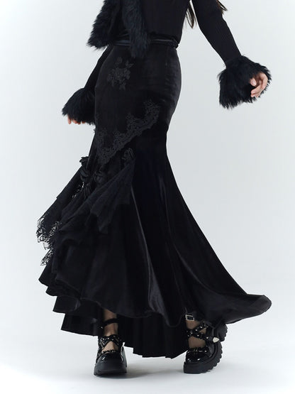 ゴシックブラックベルベットロゼットレーストリムハイローマーメイドスカート