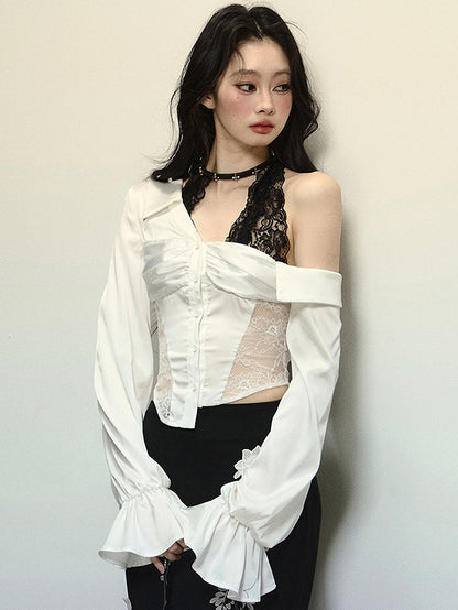 ホワイトレースパッチウエスト長袖ブラウス、ブラックレースホルターネックデザイン