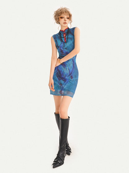 Sleeveless Blue Cheongsam Short Dress with Horse Motif