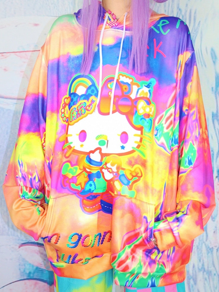 Hoodie mit Buchstaben- und Y2K-Kätzchen-Print Orange Fire