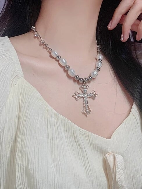 White Silver Cross Pearl Necklace - WhaleHall