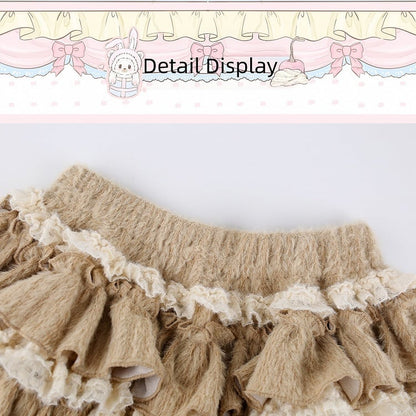 Kawaii Coffee Knit Tiered Ruffle Skirt with Built-In Shorts for Autumn - serendipity