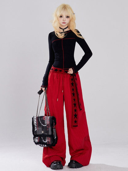 White/Black  Round Neck Long Sleeves T-shirt