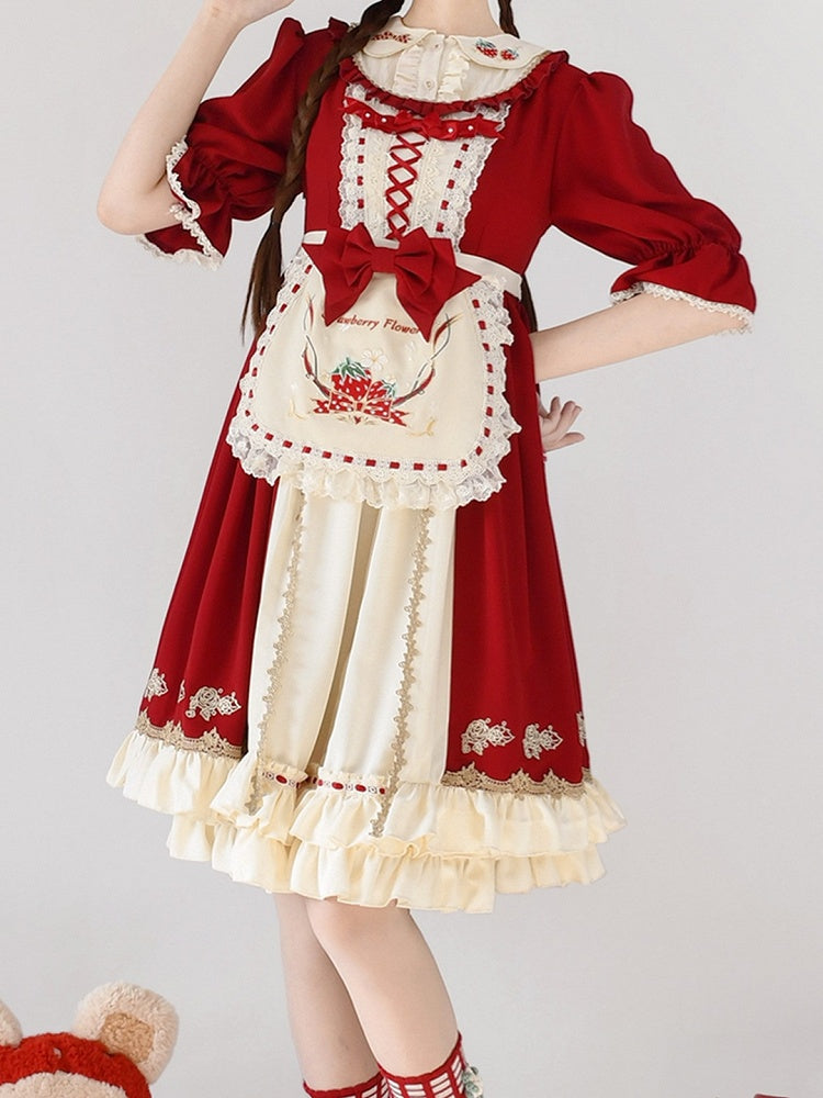 with Lolita Hem and Sweet Beige Embroidered Red Dress Ruffle Strawberry Short-sleeved Apron