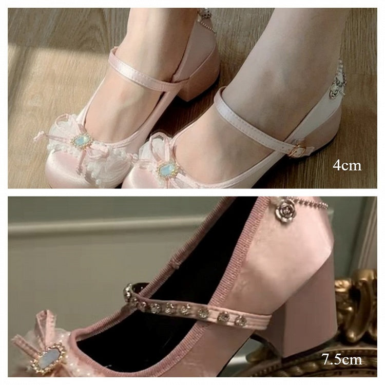 4cm Heeled Decorations Lolita Adornments Beige Janes Sweet Beaded with Rhinestone Mary Chain