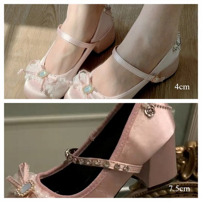 4cm Heeled Decorations Lolita Adornments Beige Janes Sweet Beaded with Rhinestone Mary Chain