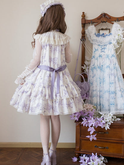 Purple Big Bowknot on Neckline Bows Print Double Layered Lolita Dress