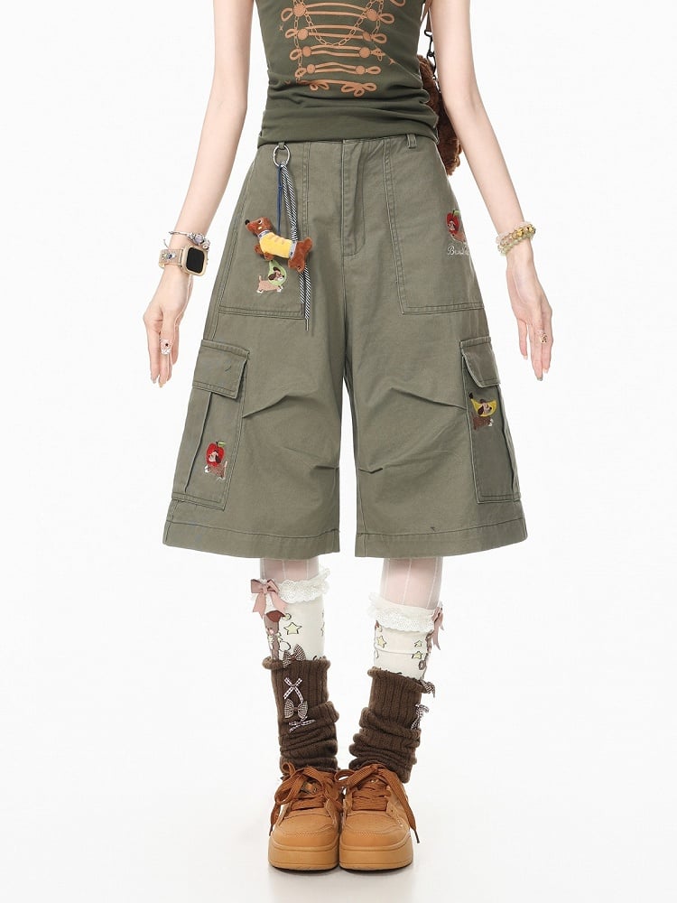 Green Cropped Cargo Shorts with Puppy Embroidery - Languid Park