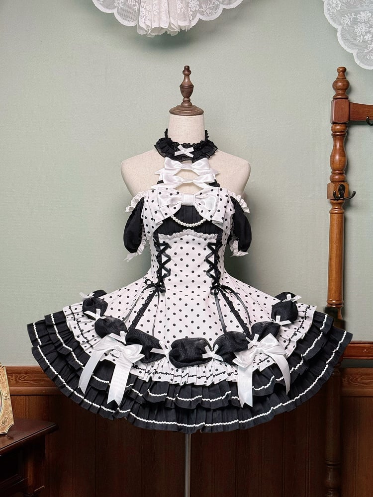 Accents Black Polka Dots Dress Old School Bow White Lolita Neck Halter with