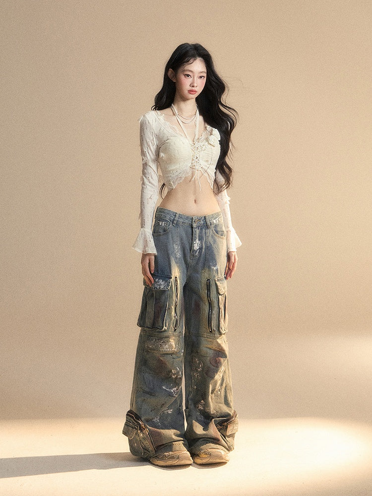 花飾りレースアプリコットベルスリーブバタフライセットクロップドトップグラマラストップ