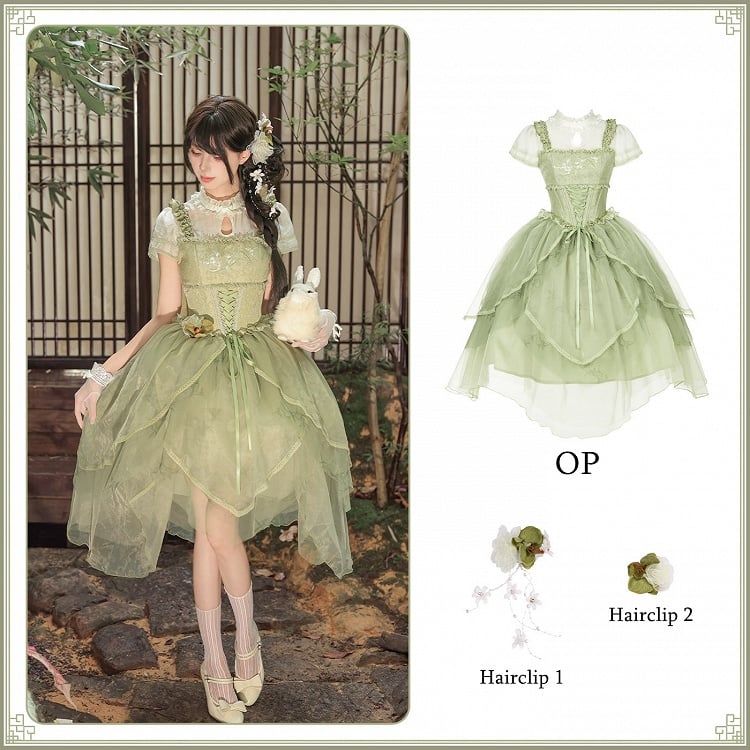 Green Orchid Chinoiserie Lolita OP Dress & Hairclips Set - With PUJI