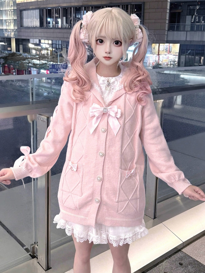 Sailor Heart Crossed Kei Jirai Sweet Pink Sweater Knit Collar Lacing Buttons with