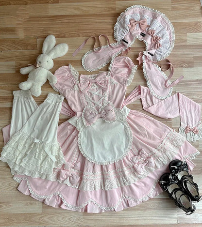 Lolita-Kleid mit Puff-Baumwolle und Ausschnitt, rosa, quadratisch, ein altes Kleid mit kurzen Ärmeln
