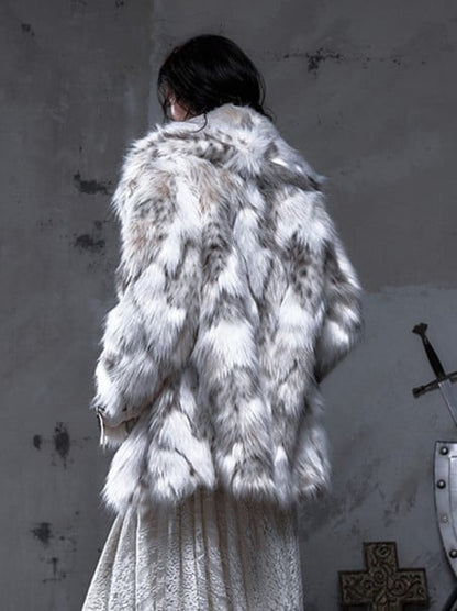 Brown Light Faux with Fur Lapel Wide Ivory Punk Coat PU Buckle Straps