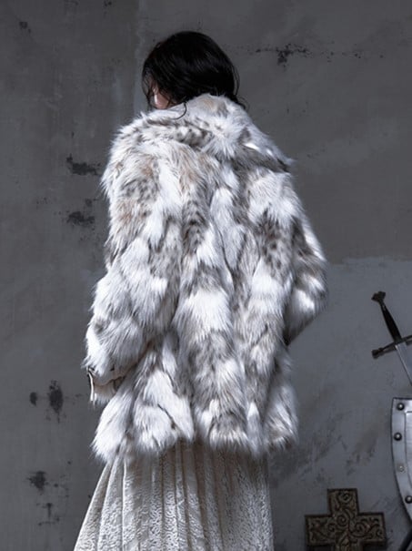 Brown Light Faux with Fur Lapel Wide Ivory Punk Coat PU Buckle Straps