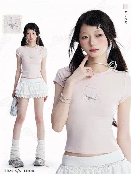 T-Shirt Welpendruck Herz Kurz Bezaubernder rosa Charme Bittersüß