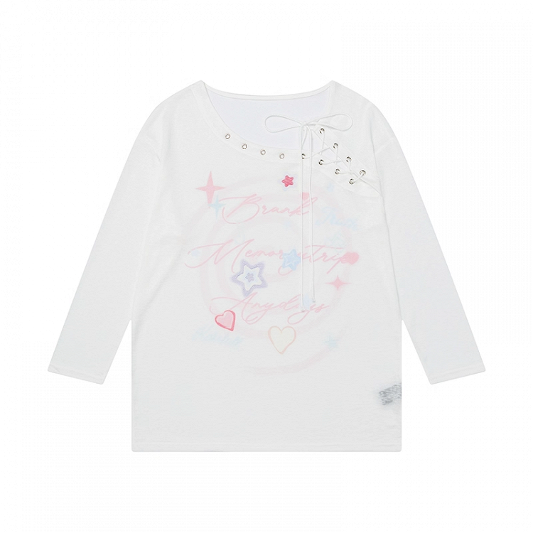 Print Blue/White Coverup Lace-up Neckline Star Semi-sheer