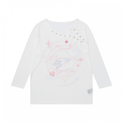 Print Blue/White Coverup Lace-up Neckline Star Semi-sheer