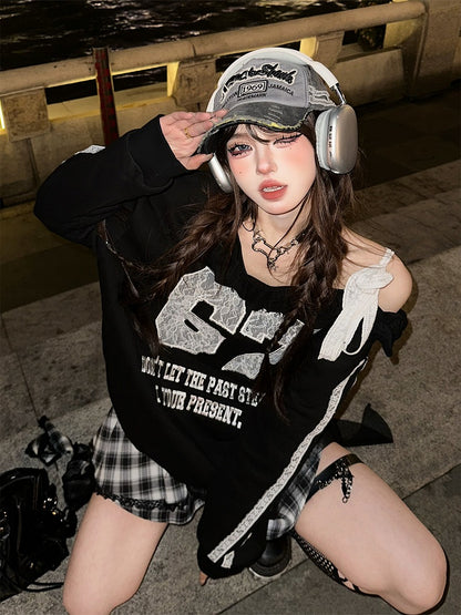 Black One-Shoulder Sweatshirt with Lace Applique and Embroidered Details