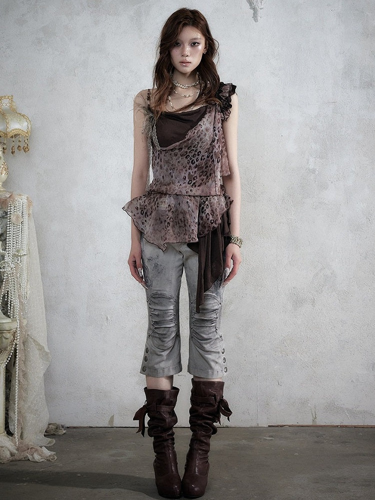 Brown Leopard Cowl-Neck Asymmetric Faux Two-Piece Dress - NO ROMANCE