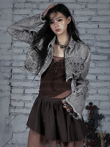 ウェイストランドジャケット ストライプ スケルトン ブラウン クロップド丈 装飾バックル＆パターン パンク