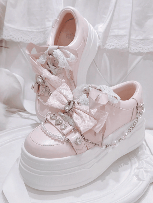 Kei Pink Jirai Top Thick-Sole Sneakers Bow Platform with