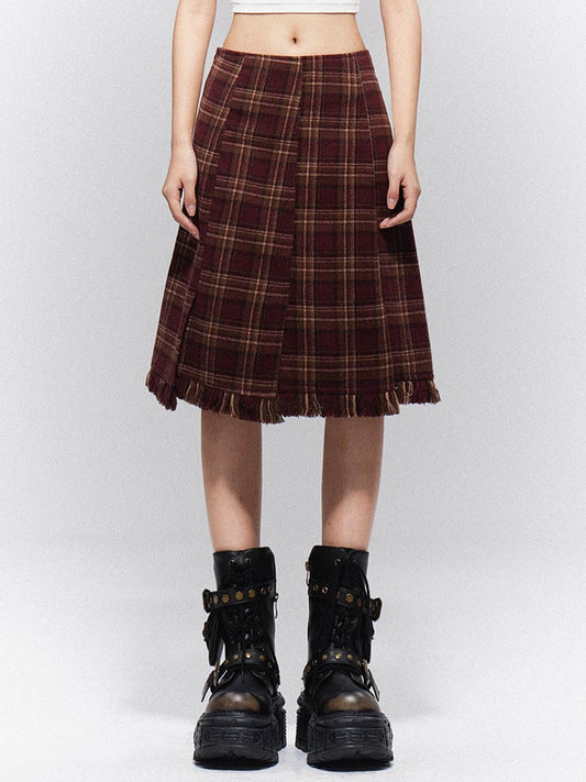 Raw Plaid Hem with Vintage Prep Brown-Red Skirt
