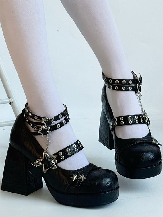 Platform Mary Edgy in Punk Chain - Detachable Charm Shoes Buckle with Style High-heel Star Black Jane