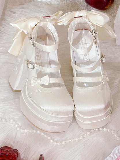 メアリーロリータ プラットフォーム ボウノット エレガント ジェーンズ ハイヒール ホワイト クラシック