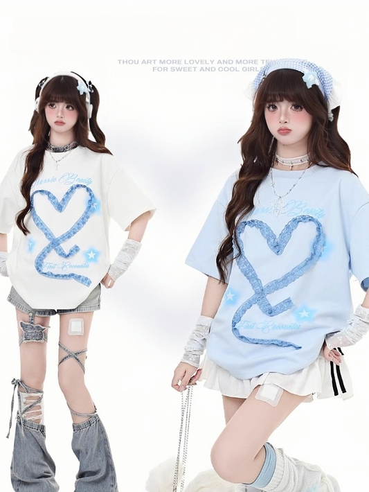 デザインアームウェアフリーハート型レースホワイト/ライトブルーTシャツ