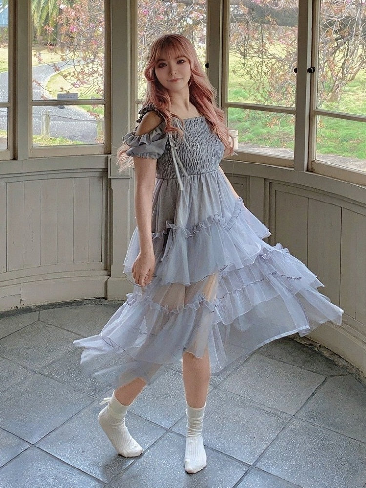 Dusty Blue Puff-Sleeve Dress with Tiered Tulle Hem - Smyster