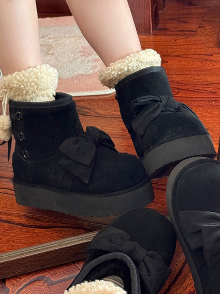 2.5cm Platform Sole Black Winter Boots for Lolita - Decorative Front Bow & Adjustable Back Lacing
