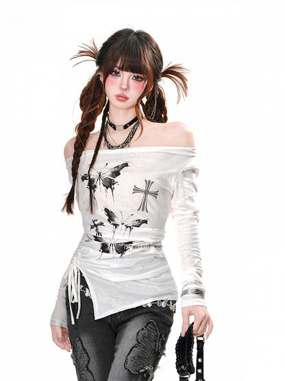 Waist Neckline Butterfly Print Glamorous Top Drawstring White Off-the-shoulder
