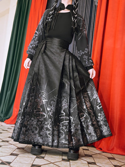 Fabric Patterns Mamian Black Satin Pleated Silver Gothic Cheongsam with Skirt