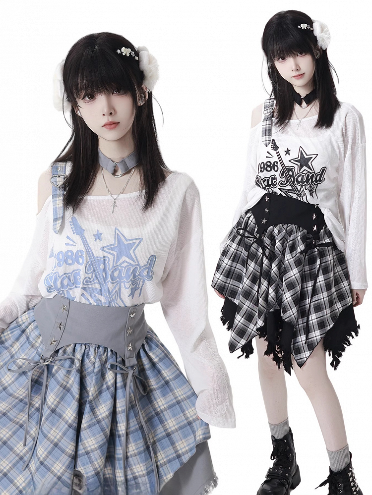 Blue/Black Free with Choker Guitar Print Asymmetrical Neckline Coverup