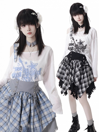 Blau/Schwarz Free mit Choker-Gitarrendruck, asymmetrischer Ausschnitt, Überwurf