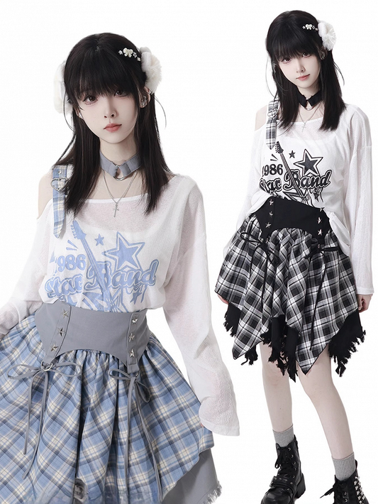 ブルー/ブラック フリー チョーカー付き ギタープリント アシンメトリーネックライン カバーアップ