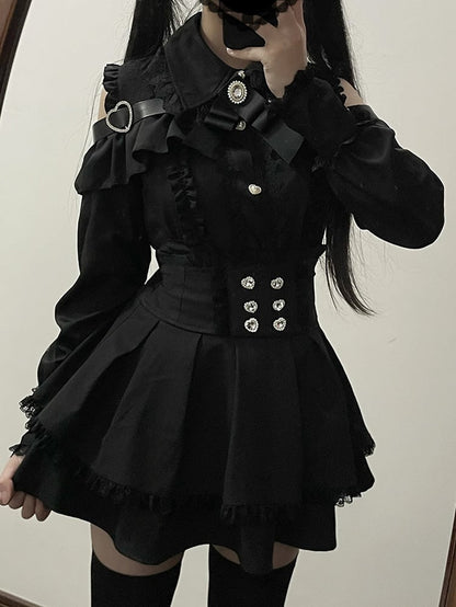 Kei Look Blouse Buckle Cutout Black Shoulder Heart Decorative with | Jirai