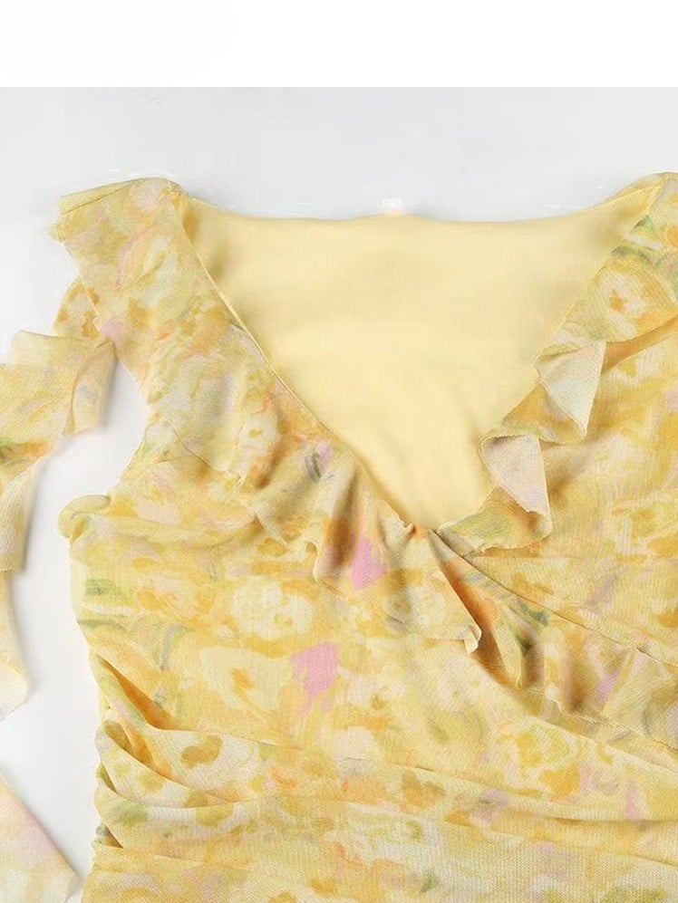 花柄ドレス ホワイト アシンメトリー イエロー ベージュ ホリデーセット - 透け感のある刺繍 + スカート裾