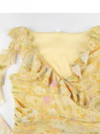 花柄ドレス ホワイト アシンメトリー イエロー ベージュ ホリデーセット - 透け感のある刺繍 + スカート裾