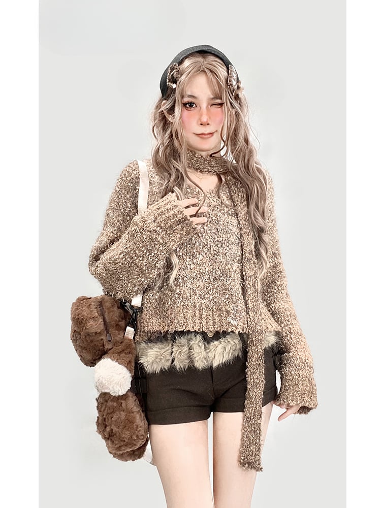 カーキ色のVネックセーター（スカーフ付き）