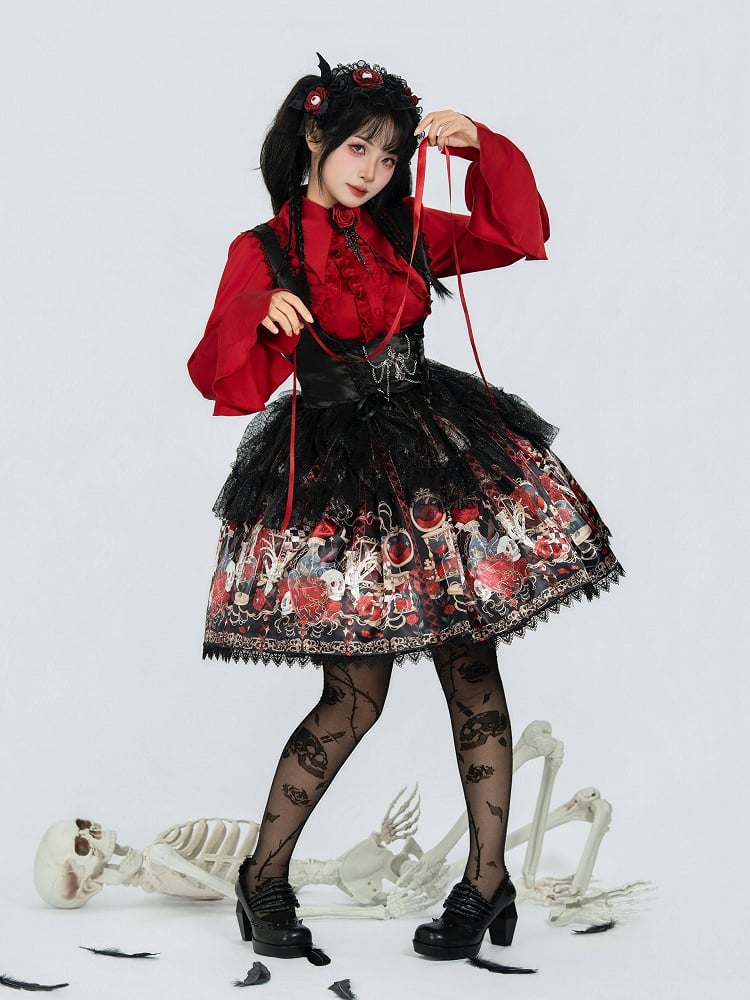 Shirt with Sleeves Lolita Ruffled Bat-Wing Red Collar Long Gothic Curved
