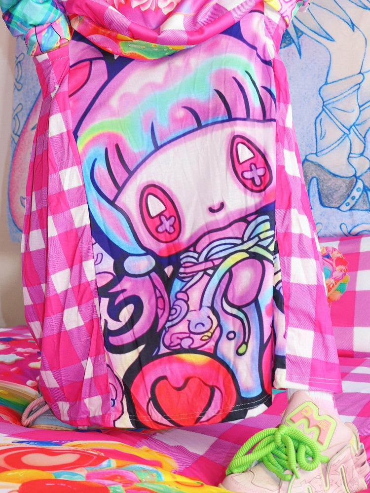 Kariertes Cartoon-Rock-Druckmuster Y2K Rote Rose