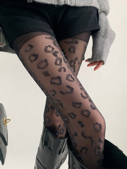 Pantyhose Leopard Retro Print Sheer Glitter