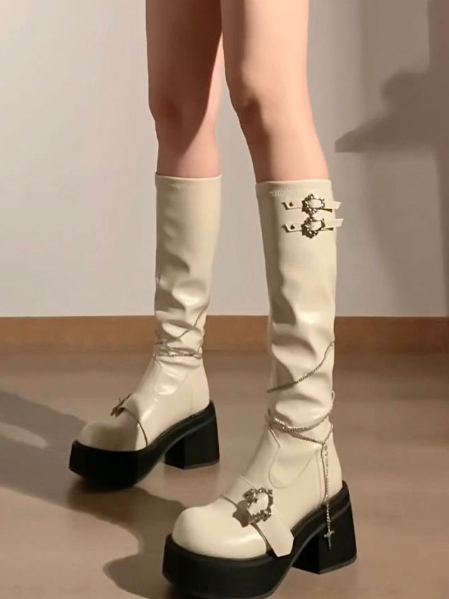 Kreuz Weiß Schnallen Poliert Stiefel Knie-hohe Plattform und Abnehmbare Gothic Kette Sarg mit