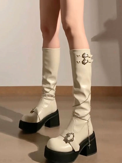 Cross White Buckles Polished Boots Knee-high Platform and Detachable Gothic Chain Coffin with