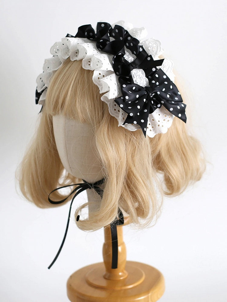 Design - Polka Ruffled Bow White Hairband Lace Black Dot Lolita