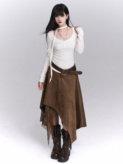 mit modischem Spitzentaschentuchsaum, Kaffeerockdetails, Wasteland Patchwork, Millard Wildleder