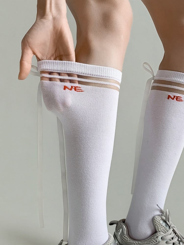 Striped Calf Socks in Milk White with Bow & Letter Details - Night Experiment