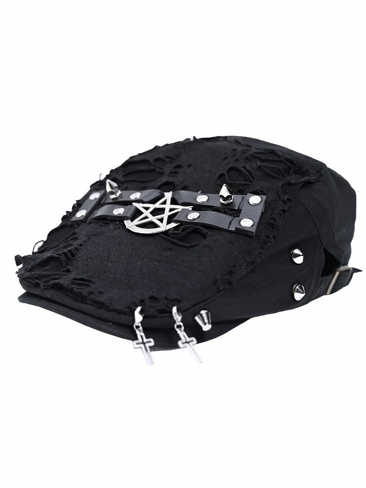 with Punk Hem Distressed Decorations Beret Raw Cross Black